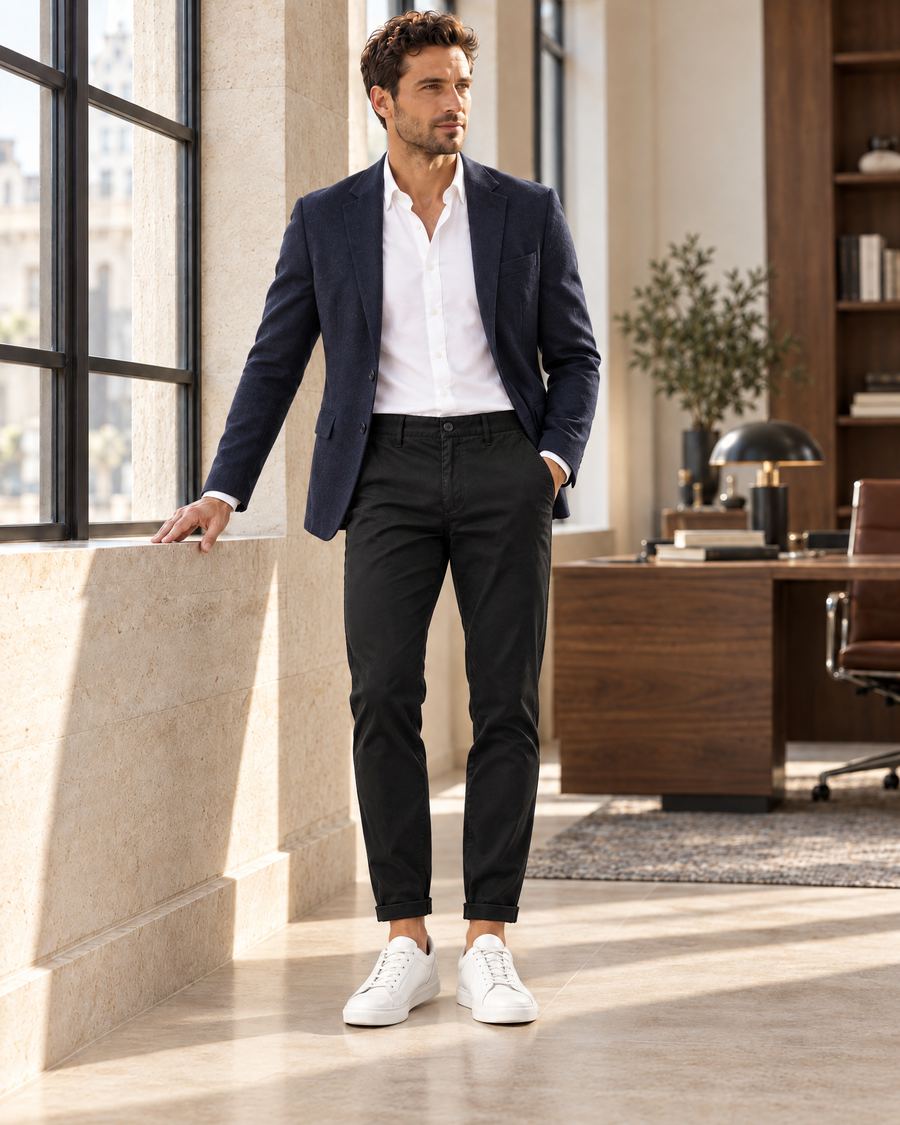 Mann im Büro mit schwarzer Slim-Hose, weißem Hemd und blauem Sakko