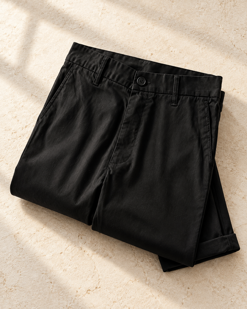 Pantalone nero piegato su una superficie chiara
