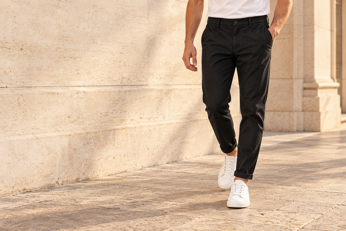 Mann mit schwarzer Hose in der Stadt vor einer Steinmauer