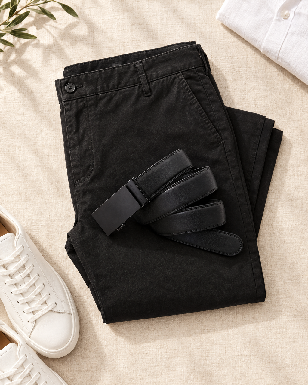 Cintura nera arrotolata sul pantalone slim nero piegato