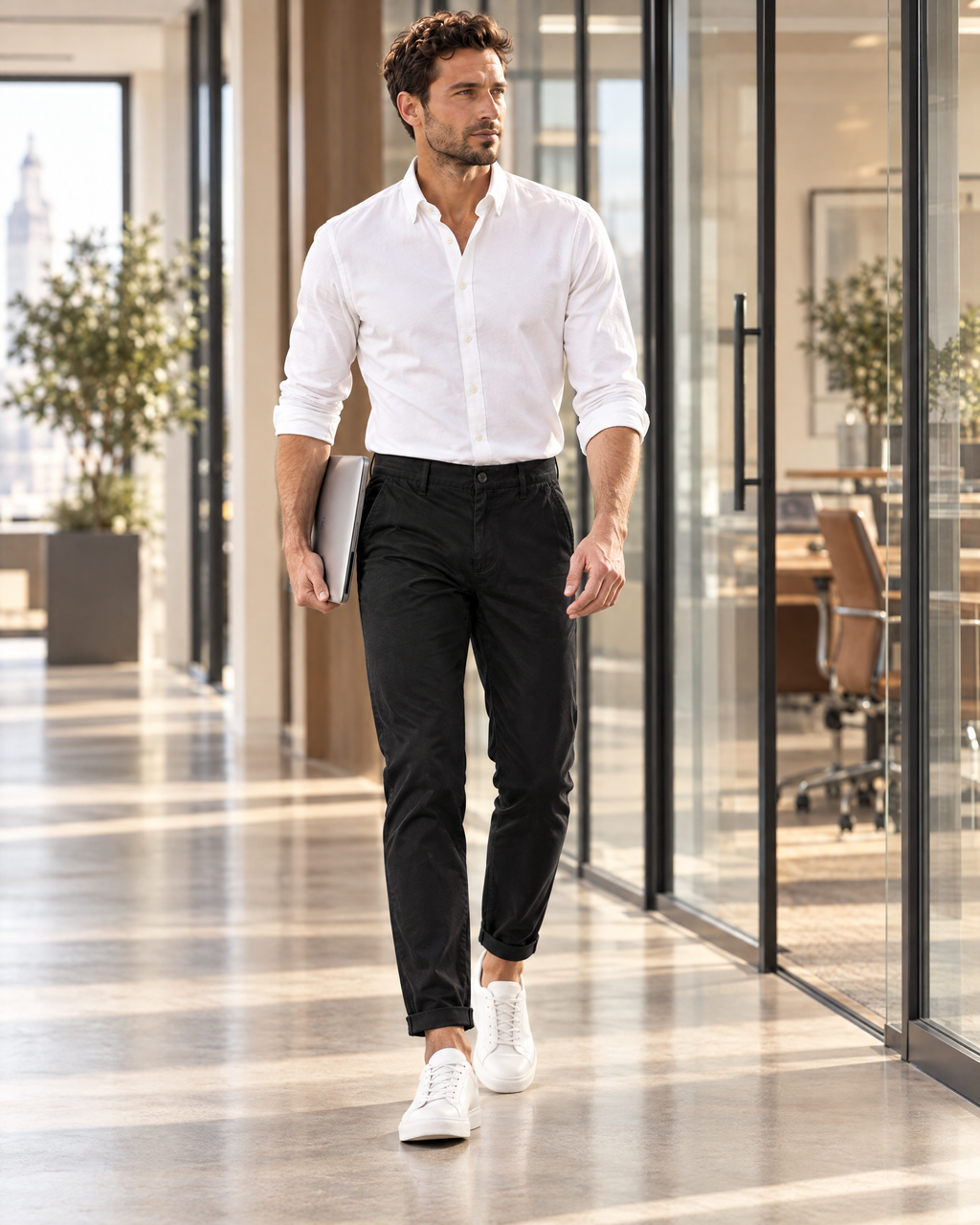 Uomo che cammina in un corridoio d'ufficio con pantalone slim nero e camicia bianca