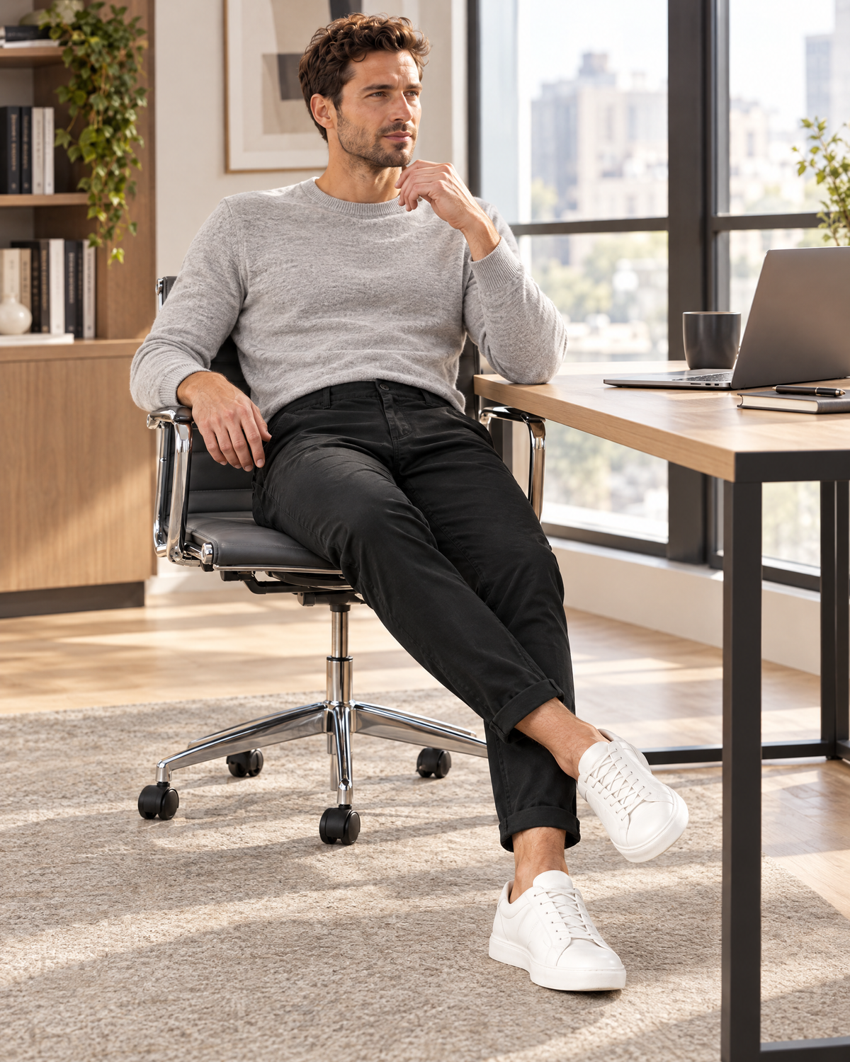 Uomo seduto alla scrivania con pantalone slim nero e maglia grigia